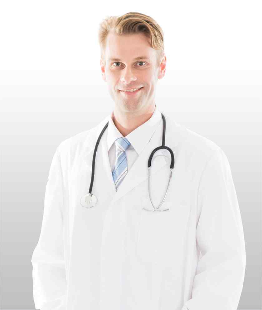 A smiling healthcare professional wearing a white coat with a stethoscope around the neck.