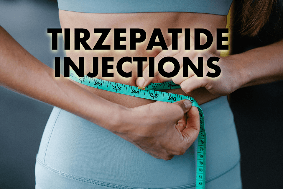 Woman measuring her waist with a tape measure; text overlay mentions "tirzepatide injections".