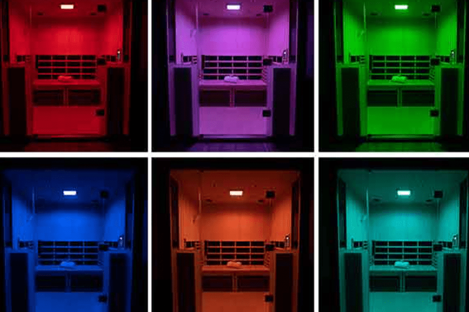 Six different cells illuminated in various colors: red, purple, green, blue, orange, and teal.