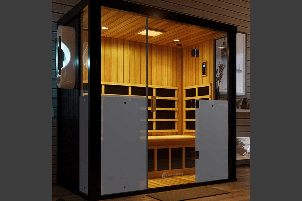 Modern indoor sauna with glass doors and wooden interior.